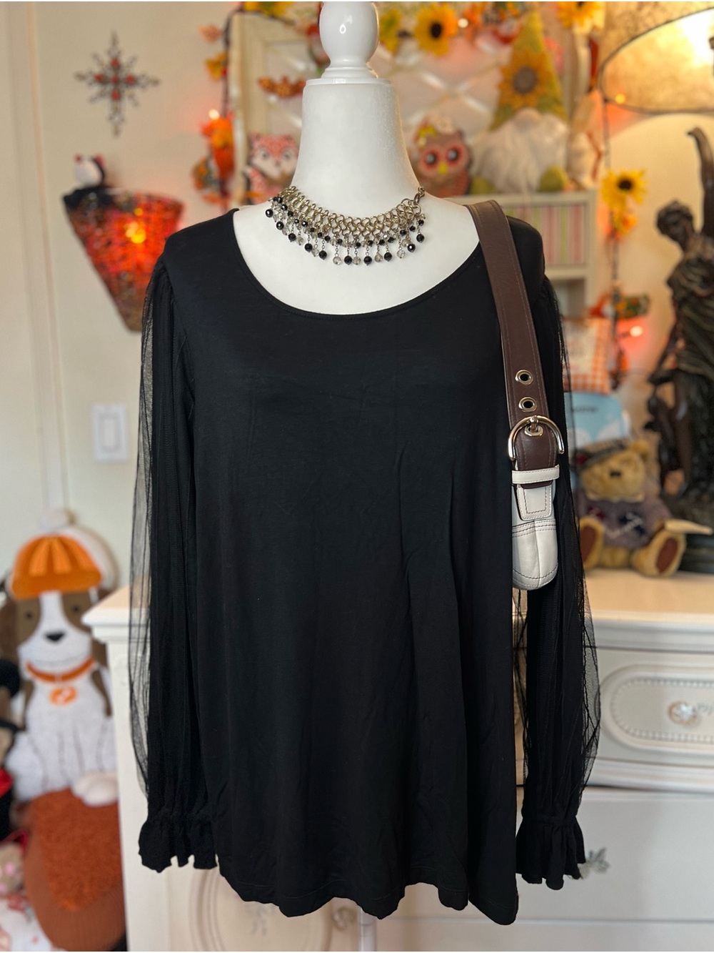 Du Jour Black Long-Sleeve Blouse with Sheer Sleeves